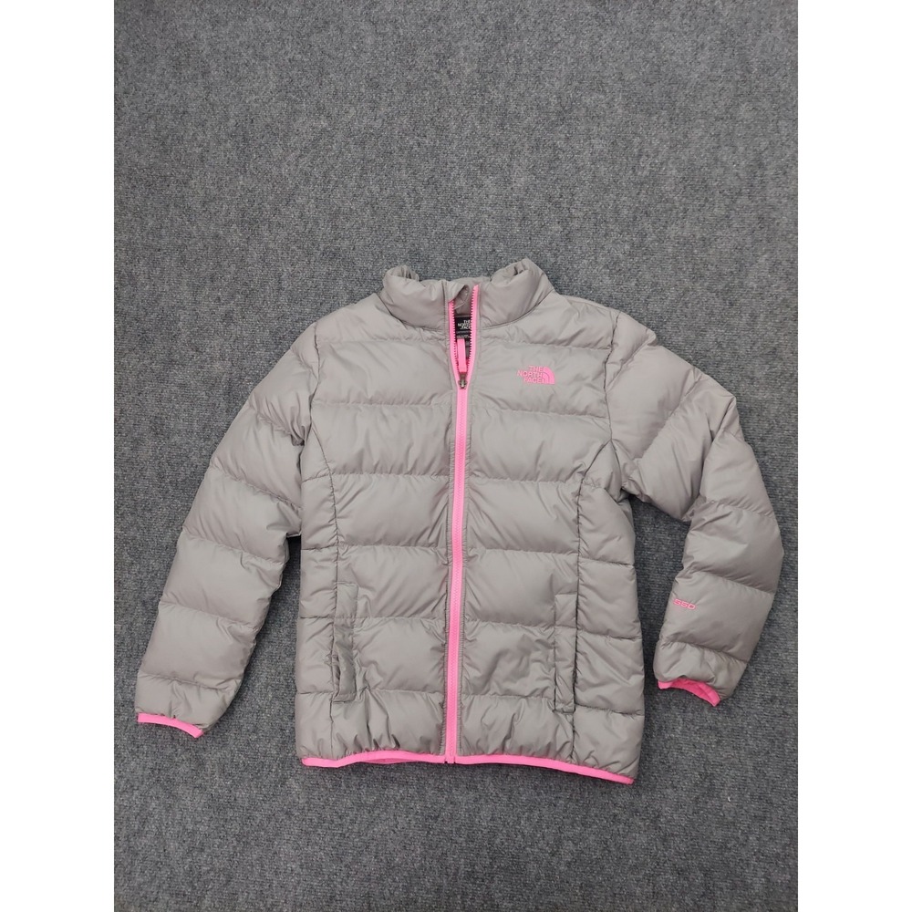 NORTH FACE Down Puffer Jacket Girls Large 14/16 Gray Pink 550 Full‎ Zip Coat